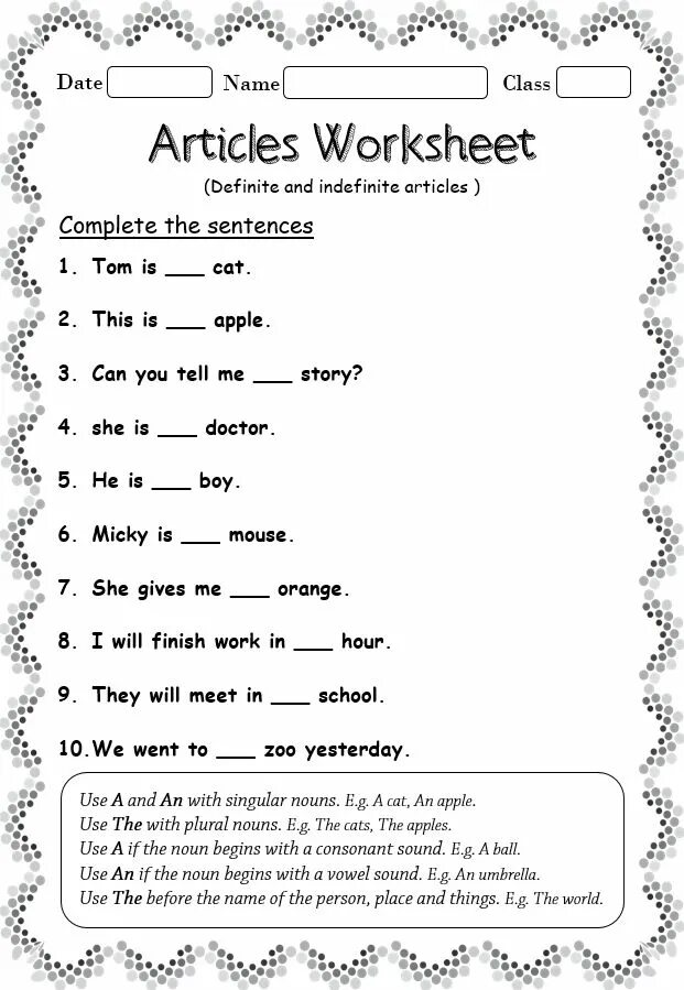 Articles exercises