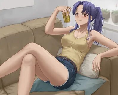 digital, digital art, artwork, 2D, looking at viewer, shorts, couch, purple ...