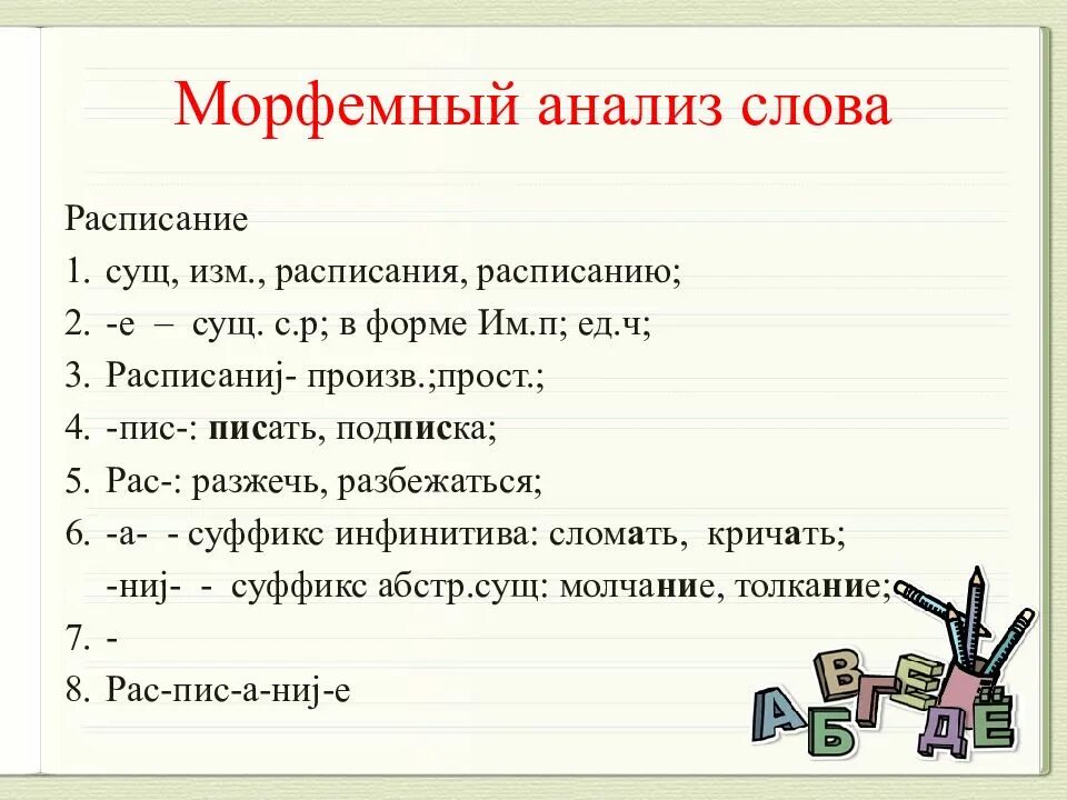 Украшает морфемный разбор 5. Морфемный анализ глагола. Морфемный анализ слова. Схема морфемного анализа слова. Морфемный разбор.