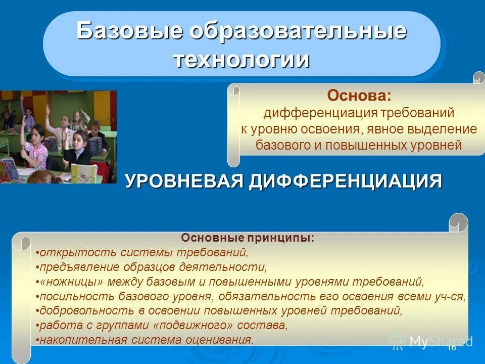 Требования к содержанию дисциплин. Повышенный уровень овладения универсальными учебными действиями. Репродуктивный уровень знаний. Технология уровневой дифференциации примеры. Базовые образовательные технологии.