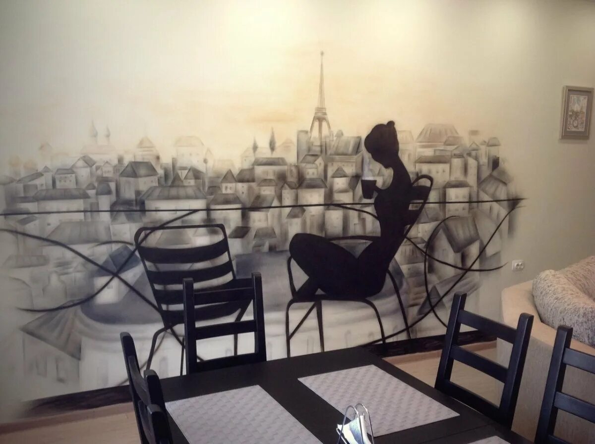 Возле черных белых стен. Роспись стен в кафе. Роспись стен в кофейне. Роспись стен в интерьере кафе. Фотообои в кафе.