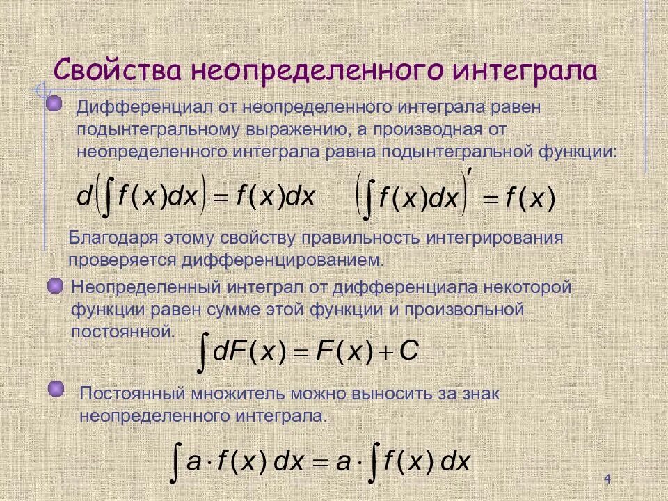 Связь интегралов. Св ва неопределенного интеграла. Основные свойства неопределенного интеграла. Интегралы и дифференциалы. Интегрирование производных.