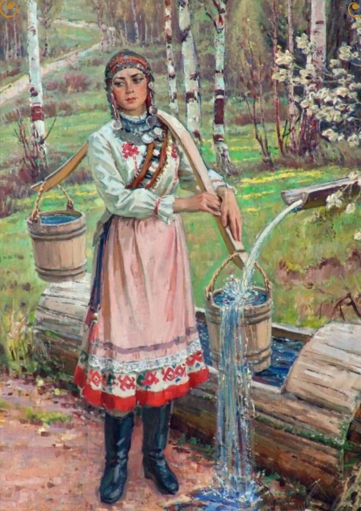 Коромысло с ведрами. Женщина с коромыслом живопись. Коромысло с ведрами. Деревянные ведра с коромыслом. Колодец коромысло.