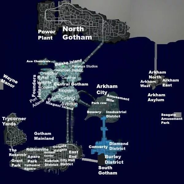 Карта бэтмена аркхем. Карта Готэм Сити Бэтмен Аркхем. Бэтмен Аркхем ориджинс карта. Gotham Knights карта Готэма. Карта Готэма в Batman Arkham.