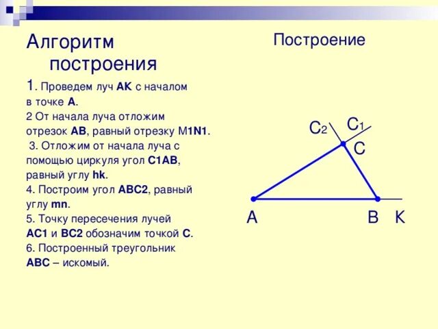 Алгоритм построения угла. Построить треугольник по трём углам. Построение угла равного данному с помощью циркуля. Построение треугольника по трём сторонам. По каким элементам можно построить треугольник