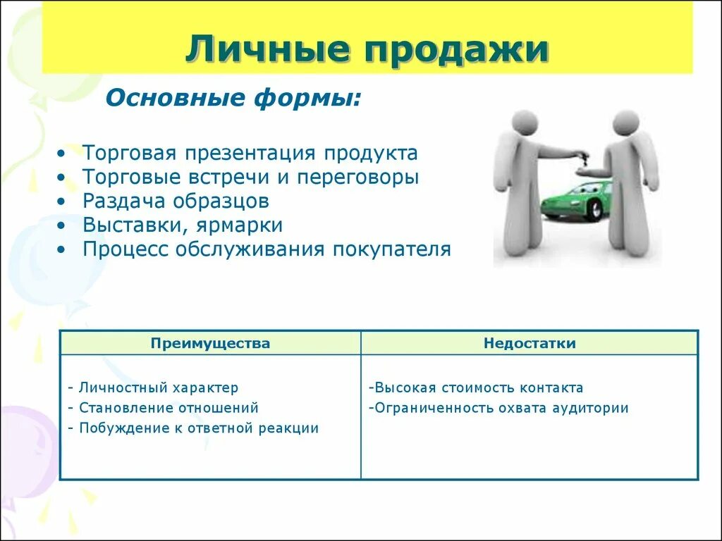 Продажи основного. Персональная продажа основные черты.