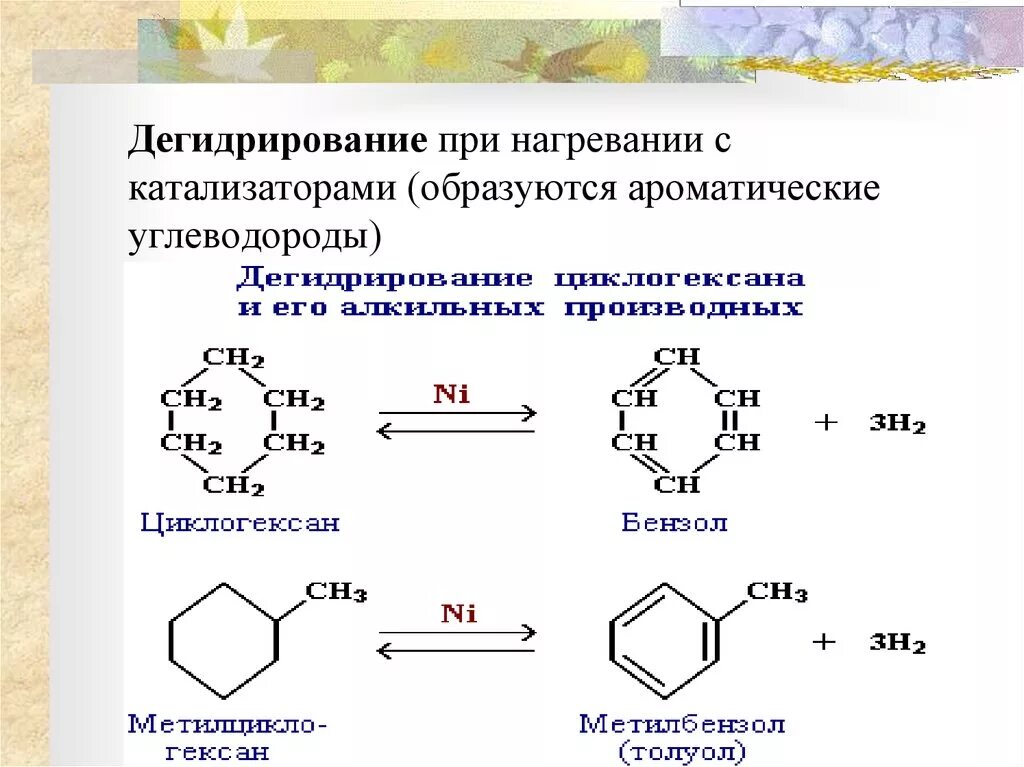 Схема реакции дегидрирования. Галогенирование циклоалканов. Гидрогалогенирование ароматических углеводородов. Галогенирование циклогексана. Гексан циклогексан бензол