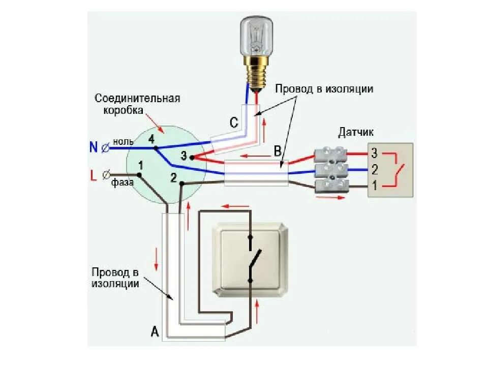 Включение прожектора. Схема подключения датчика движения через реле. Схема подключения датчика освещения. Схема подключения датчика движения с 4 проводами. Схема подключения датчика движения и датчика света.