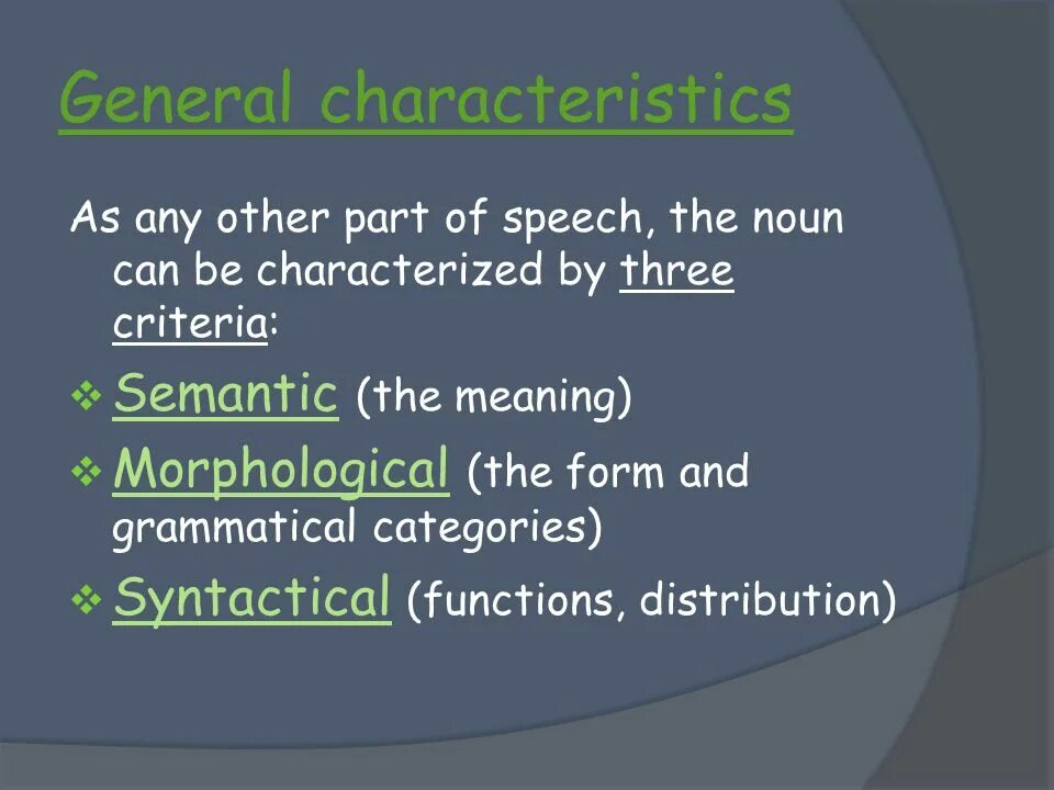 Speech meaning. Grammatical categories of Nouns. General characteristics of the Noun. Morphological characteristics of the Noun. Part-of-Speech characteristics.