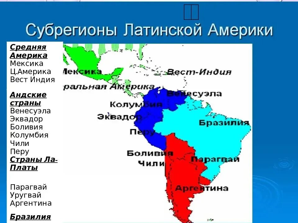 Латинская америка кратко география. Андский субрегион Латинской Америки. Регионы и субрегионы Латинской Америки. Андские страны Латинской Америки на карте. Субрегионы Латинской Америки таблица.