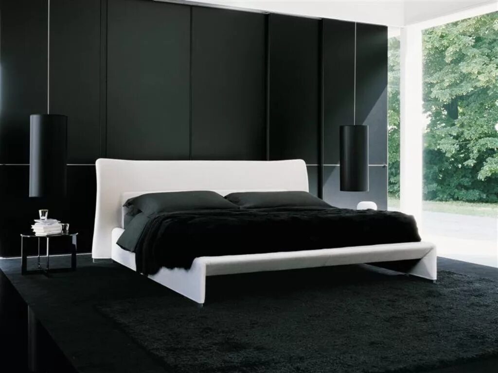 Кровати темного цвета. Спальня в черно белых тонах. Спальня в черном цвете. Спальня с черной кроватью. Дизайнерская кровать.