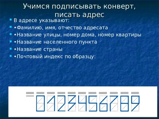 Почтовый индекс. Учимся подписывать конверт. Цифры на конверте. Как писать цифры на конверте.