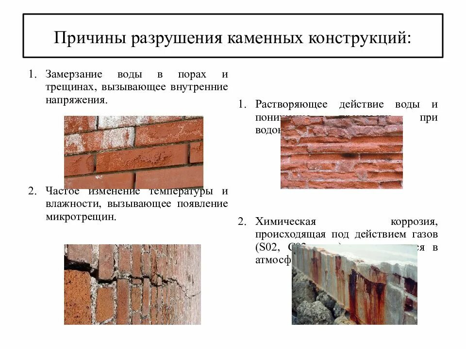 Какая температура разрушает. Коррозия бетонных конструкций. Каменные конструкции презентация. Разрушение каменных материалов. Дефекты каменных конструкций.