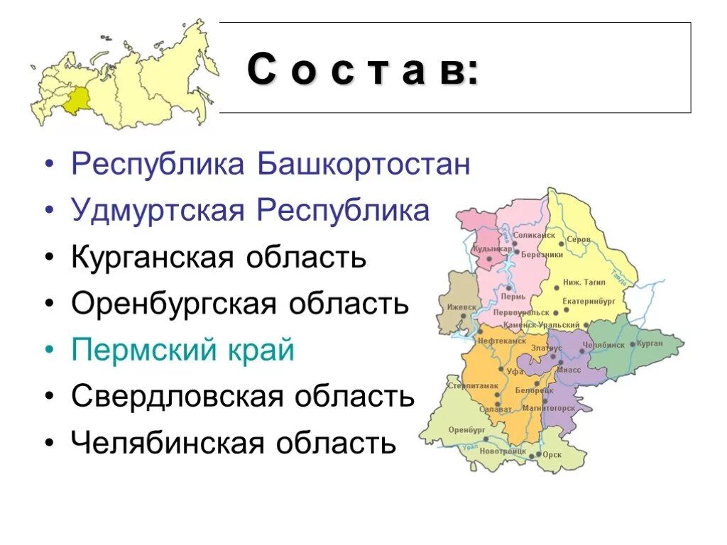 Субъекты экономического района урал. Субъекты РФ Уральского экономического района. Состав Урала география. Урал состав района география. Урал состав района география 9 класс.