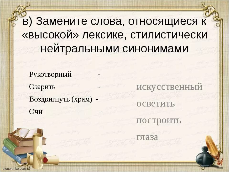 Стилистическая окраска речи. Стилистическая окраска лексики. Высокая лексика. Слова синонимы.