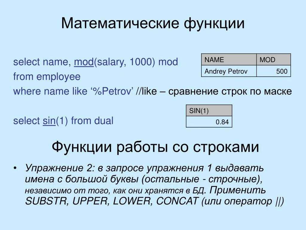 Sql функция время. Функции SQL запросов. Строковые функции SQL. MYSQL презентация. Математические функции.