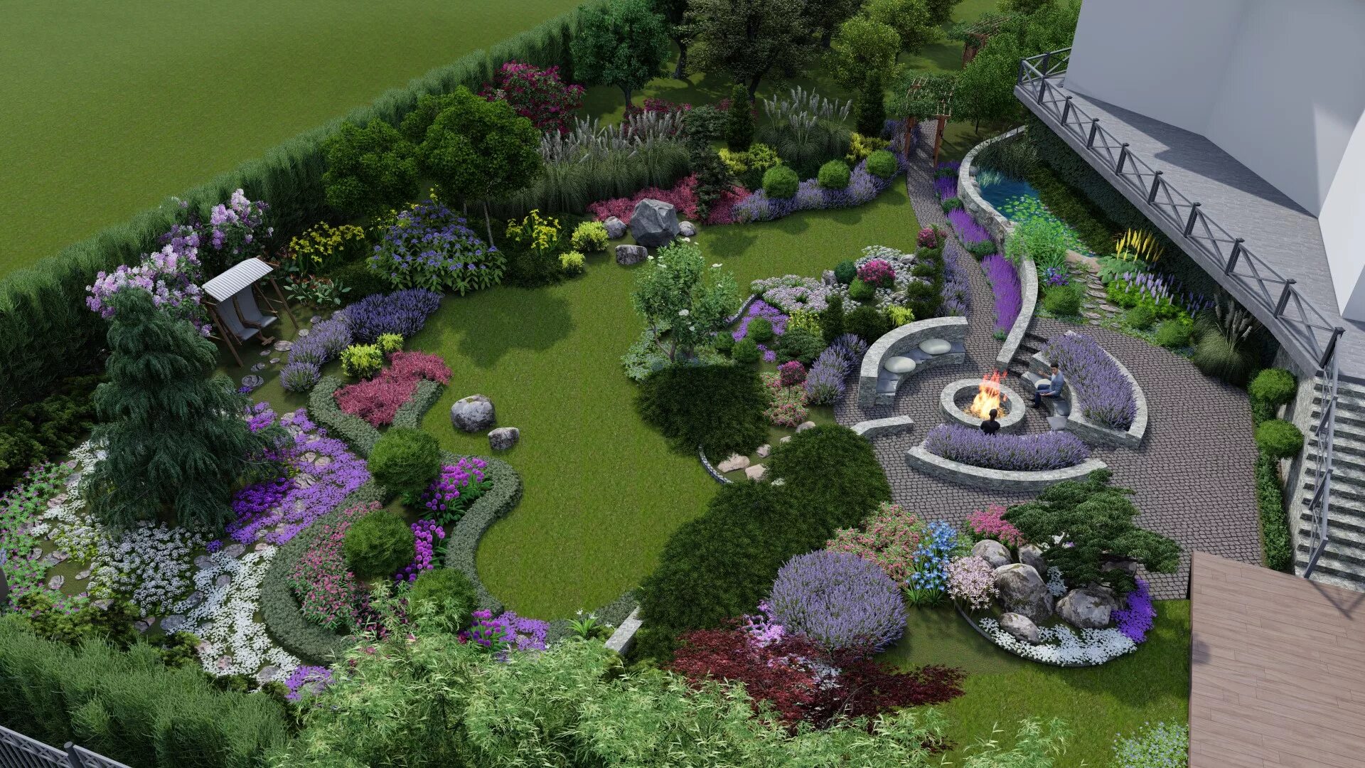 Idea for a small back town garden. A curving lawn, with a circle patio, shed and