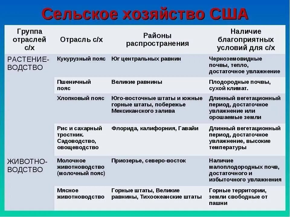 Сельскохозяйственные пояса США таблица. Специализация сельского хозяйства США. Структура сельского хозяйства США. Сельское хозяйство США таблица. Главные сельскохозяйственные районы сша