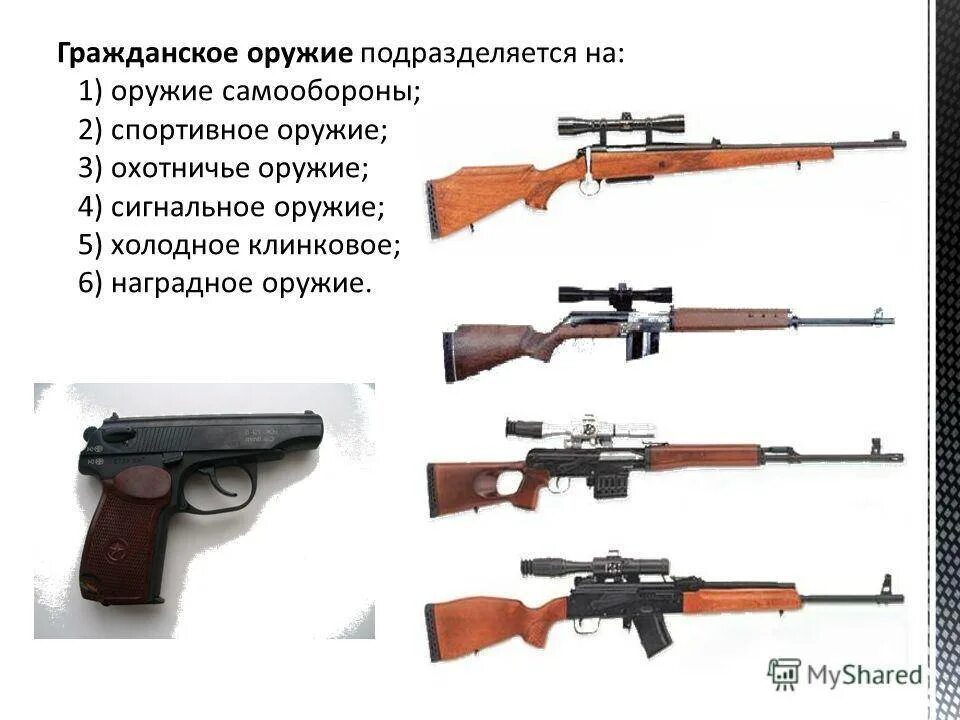 Виды и назначение современного стрелкового оружия. Виды гражданского оружия. образцы огнестрельного оружия.