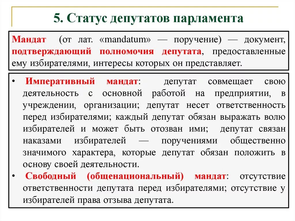 Правовая природа депутатского мандата. Императивный мандат. Свободный мандат. Депутатский мандат. Мандат избирательное право