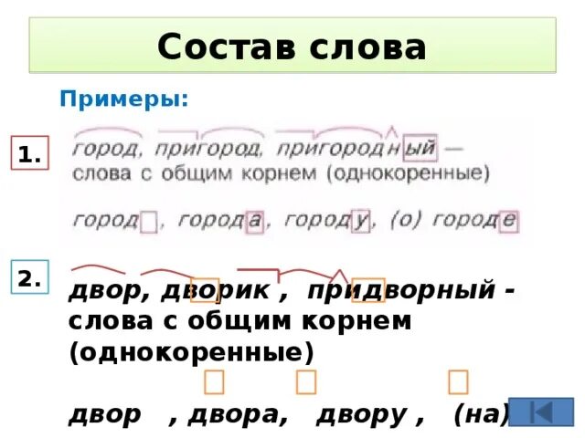 Дворах разбор слова по составу. Состав слова двора, двору. Двор однокоренные слова. Состав слова примеры.