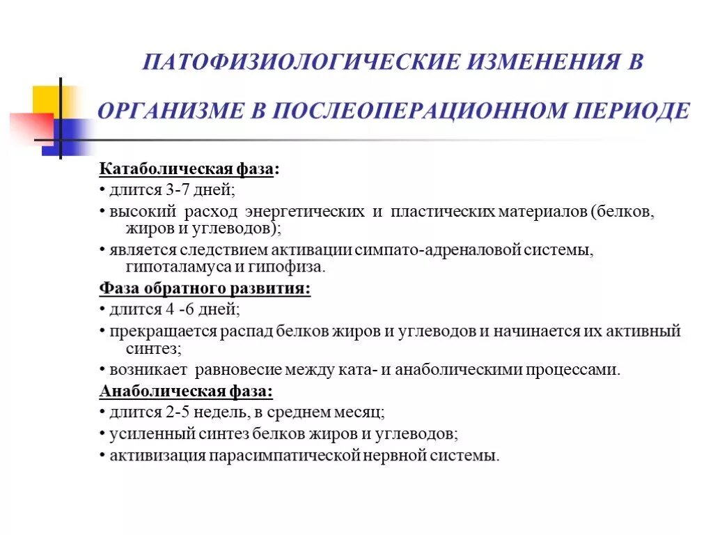 КАТАБОЛИЧЕСКАЯ фаза послеоперационного периода. Фазы послеоперационного периода хирургия. Фазы течения послеоперационного периода. Периоды и фазы течения послеоперационного периода. Операция вызывает изменения