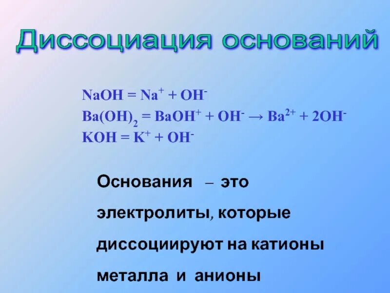 Baoh2 hcl. Основания диссоциируют на. Основания это электролиты которые диссоциируют. Baoh2 диссоциация. Катионы ba2+ анионы Oh-.