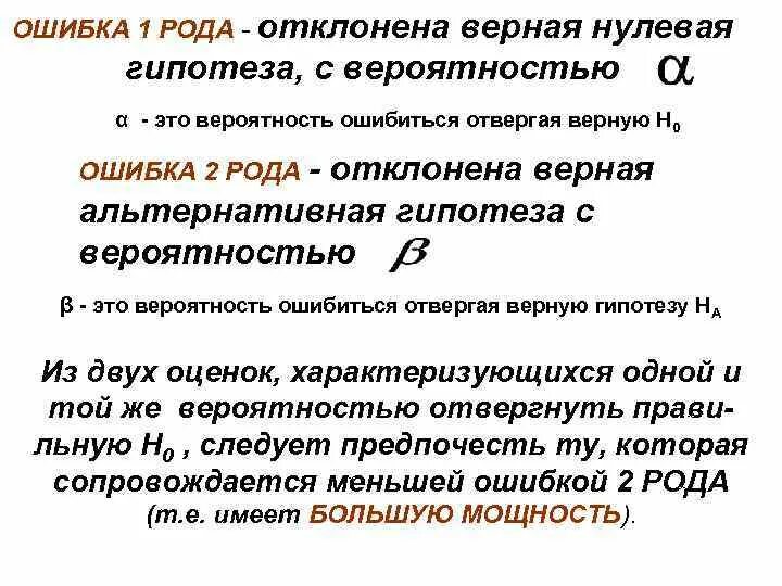 Вероятность ошибки первого рода. Вероятность нулевой гипотезы. Нулевая и альтернативная гипотезы. Ошибки первого и второго рода. Вероятность ошибочного отвержения нулевой гипотезы.