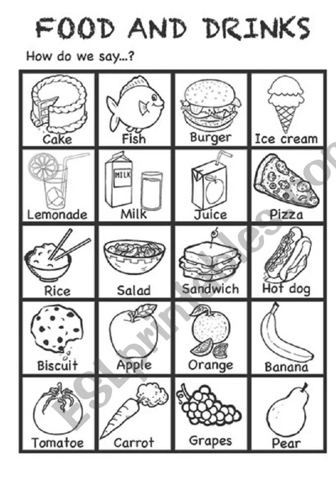 Раскраска еда продукты английский. Еда на английском раскраска. Еда на англ раскраски для детей. Food Drinks задания для дошкольников. Drinks worksheets
