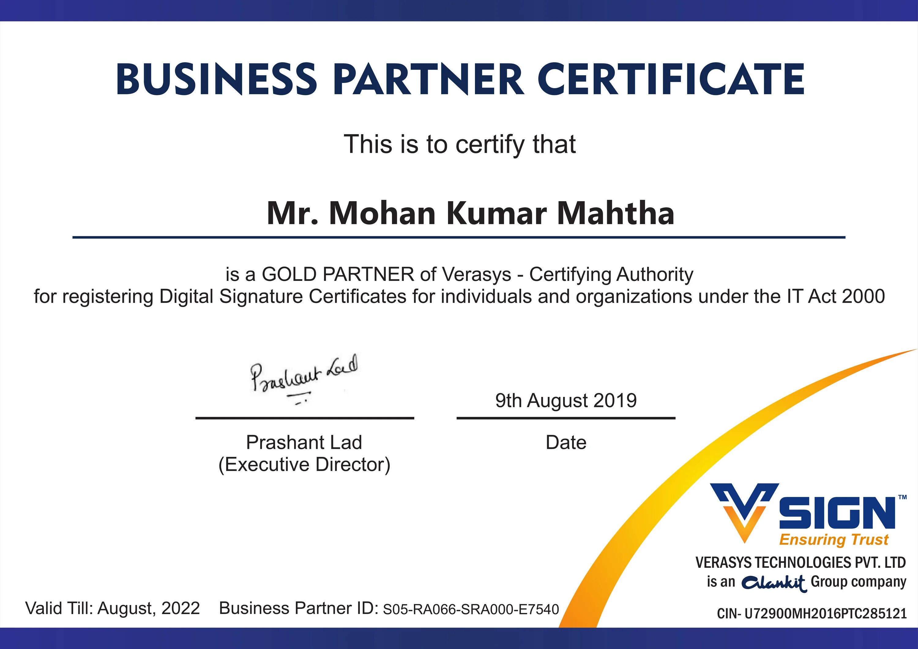 Certificate of partnership HPE partner ready Platinum. Executive Director Signature. Attactaion of indian Certificates.