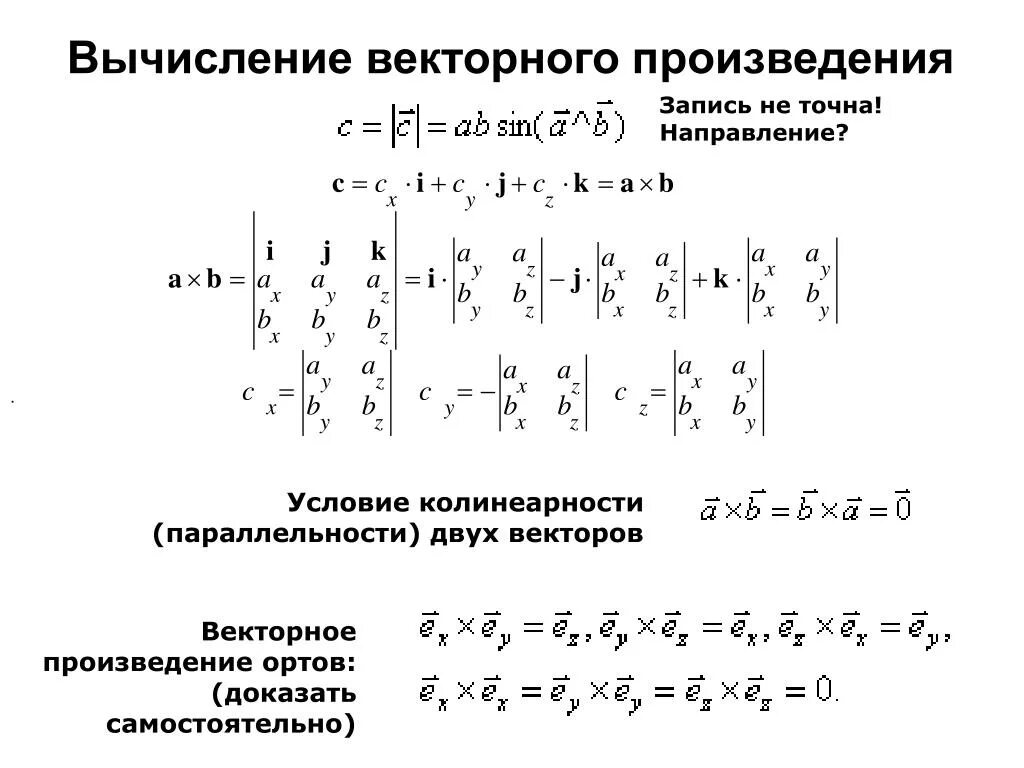 Векторное произведение ортов координатных осей. Вычисление векторного произведения. Результат векторного произведения. Векторное произведение векторов направление.