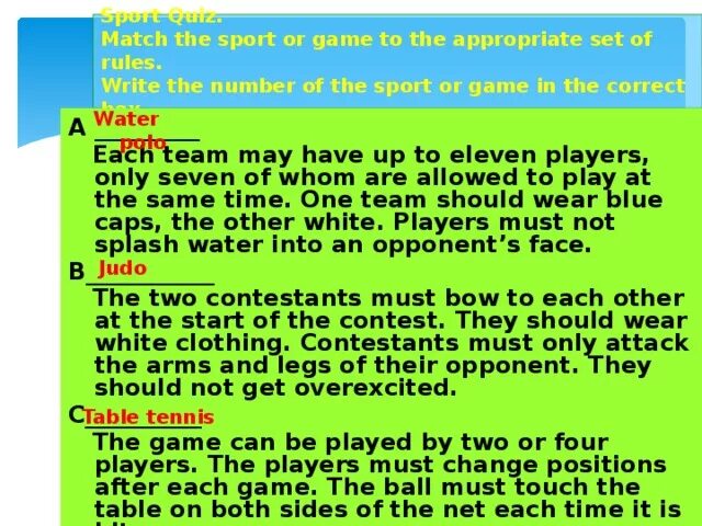 Each Team May have up to Eleven Players only Seven of whom. Each Team has Eleven Players. Угадайте вид спорта each Team has Eleven. Match the Sport or game to the. Each a from 1 to 5