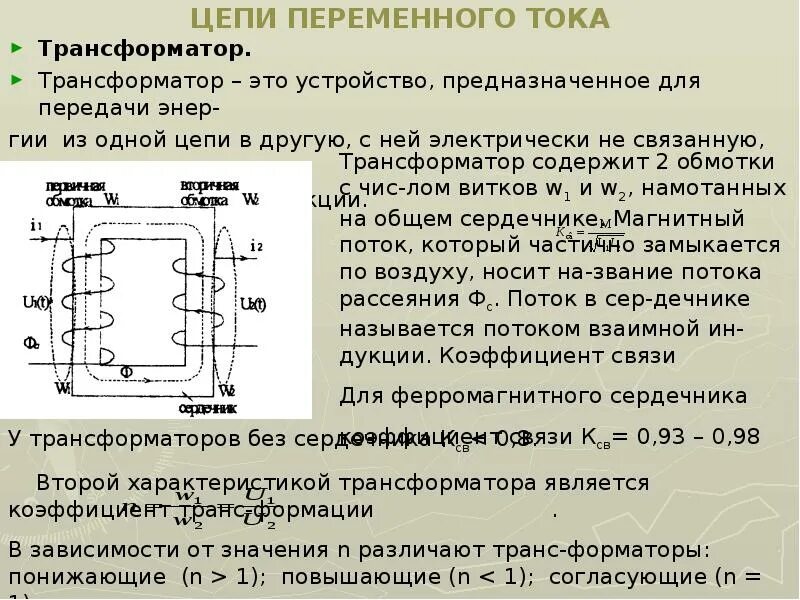 Изучения работы трансформатора Принцип действия трансформатора переменного тока