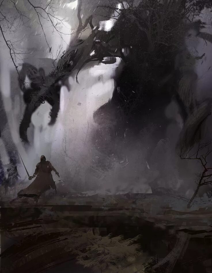 From the fog монстр. Темный пейзаж. монстры в лесу фэнтези.
