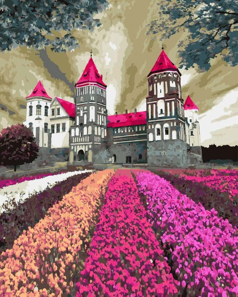 Картины по номерам Мирский замок. Сказочный дворец. Замок в цветах. Красивые замки с цветами.
