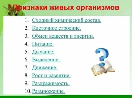 Признаки всех живых организмов 5 класс