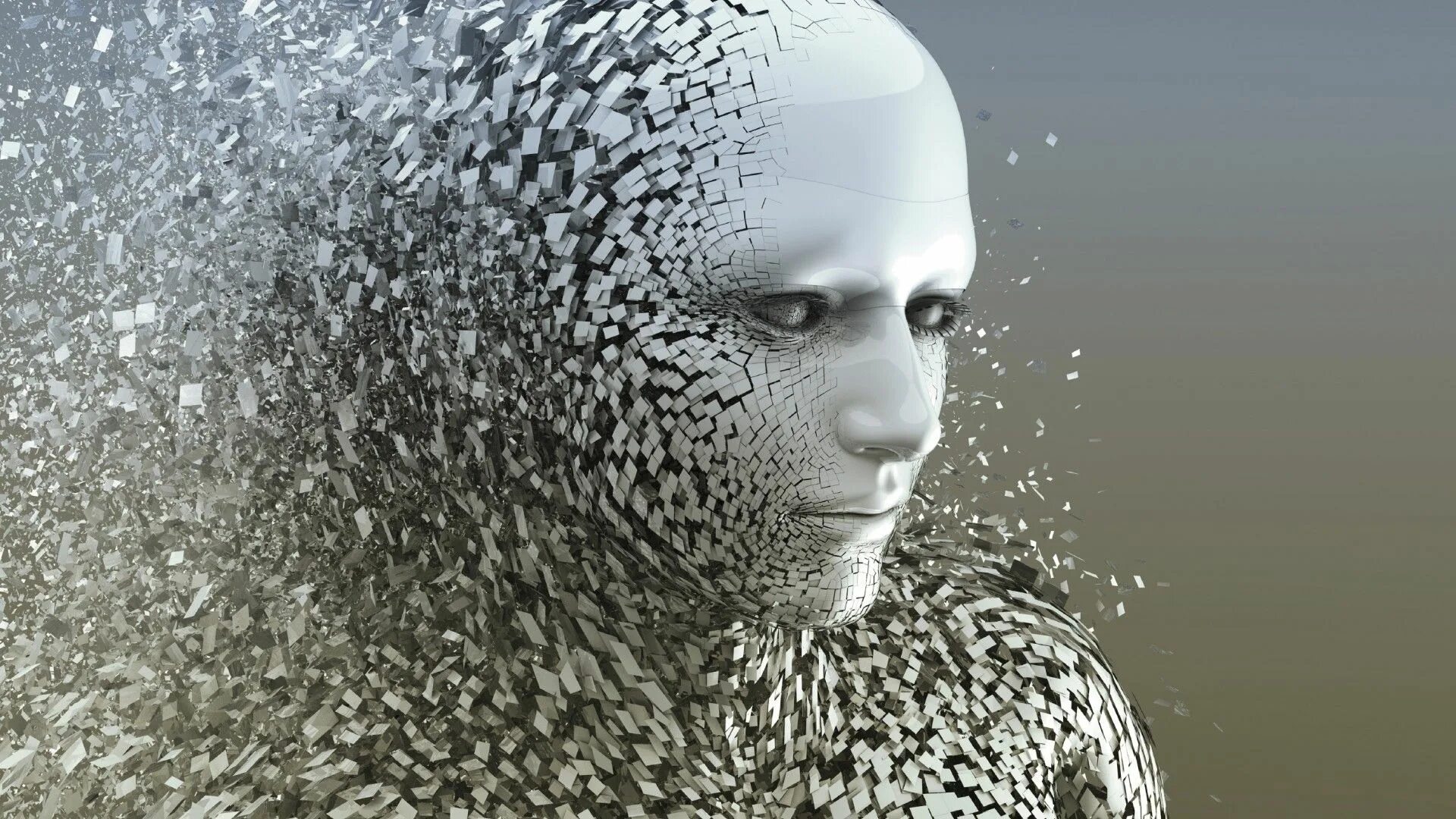 Искусственный интеллект. Картины искусственного интеллекта. Цифровое лицо. Человек рассыпается на кусочки.