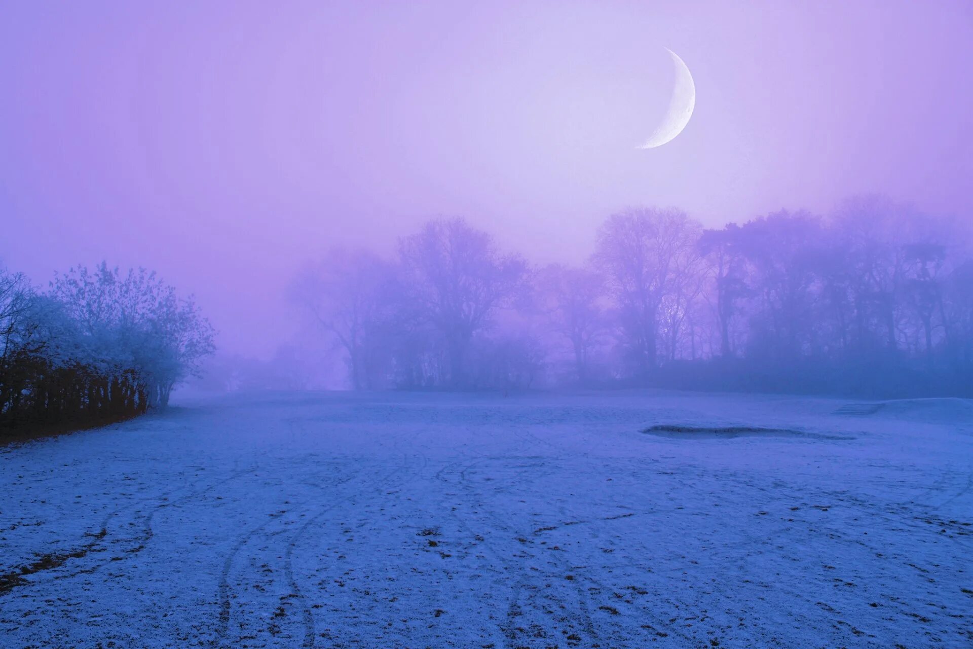 Зимний ночной пейзаж. Луна зимой. Зимнее ночное небо. Туман зимой.
