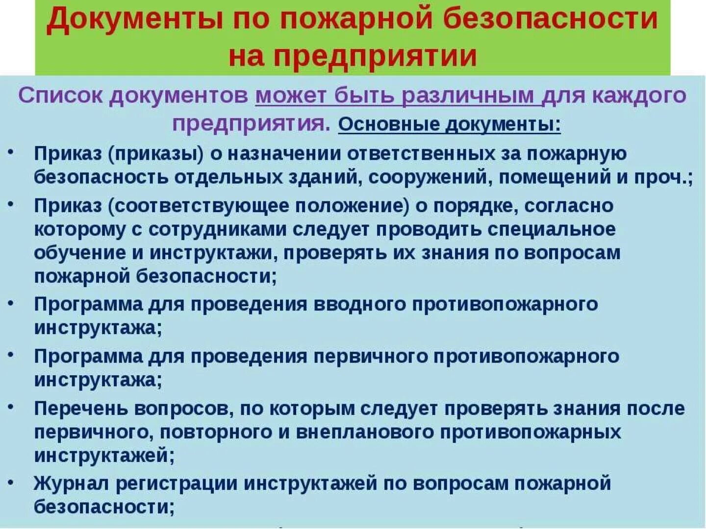 Противопожарные документы в организации