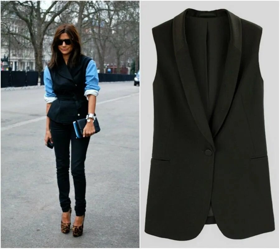 Стильные классические жилеты. Стильные женские жилеты. Черный пиджак без рукавов. Образы с черной жилеткой.