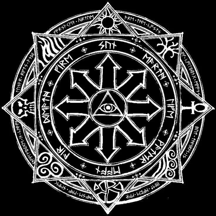 Сигил хаоса. Сатанинские оккультные иероглифы. Пентаграмма в круге с рунами. Пентакли оккультные.