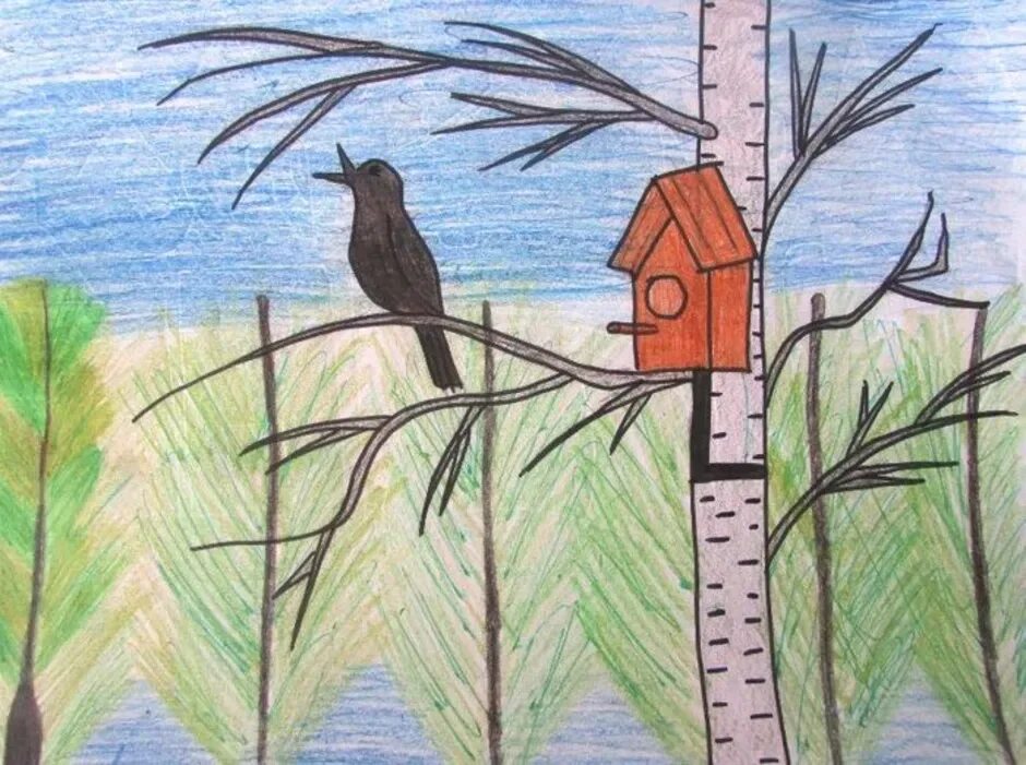 Птицы весной 2 класс. Рисование птицы прилетели. Рисунок на весеннюю тему.