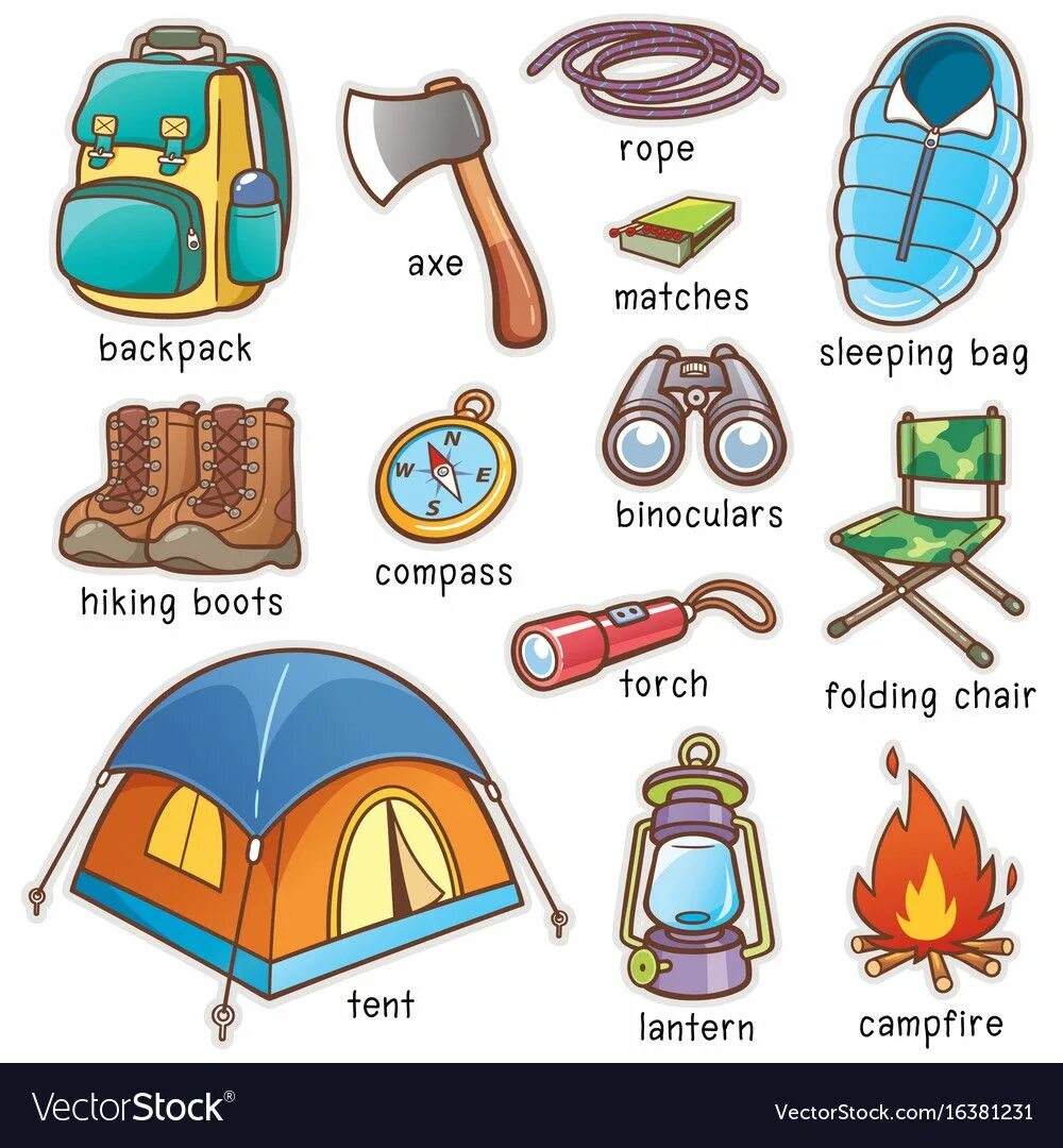 Camping vocabulary. Снаряжение для кемпинга, иллюстрация. Карточки предметы для похода. Вещи в поход рисунок. Предметы для путешествия для детей.