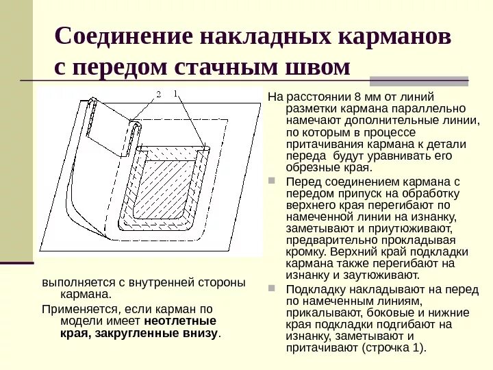 Инструкционно технологическая карта обработка накладных карманов. Технология обработки накладного кармана. Накладной карман выкройка. Накладной карман описание. Технологическая карта изготовления накладного кармана.