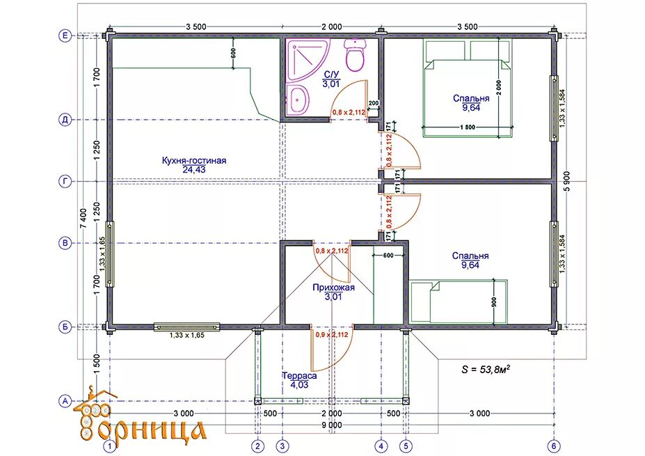 Каркасный дом 6х9 "Вологда" Проект и цена строительства в Москве