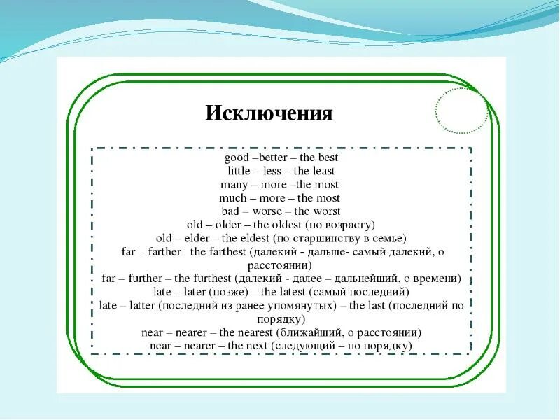 Степени прилагательных в английском исключения. Слова исключения степени прилагательных в английском. Степени сравнения прилагательных в английском искл. Сравнительная степень англ исключения. Far 3 forms