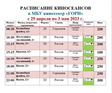Кинотеатр горн ст ленинградская расписание сеансов