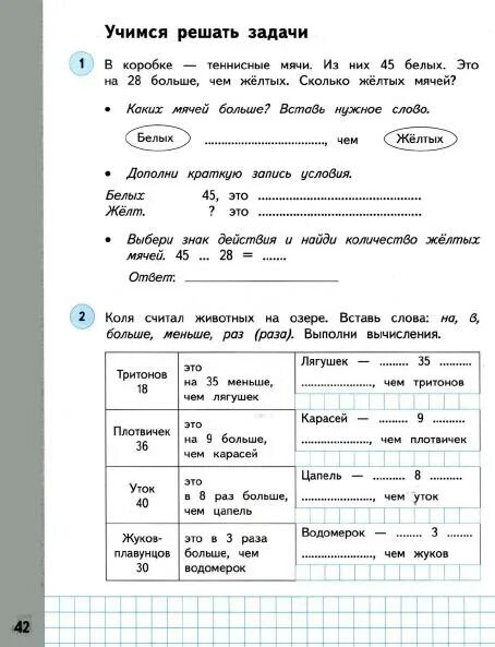 Ответы учебник по математике 3 класс башмаков. Краткая запись к задаче 3 класс башмаков Нефедова. В коробке теннисные мячи из них 45. Коля считал животных на озере вставь слова. Коля считал животных на озере вставь слова на в больше меньше.