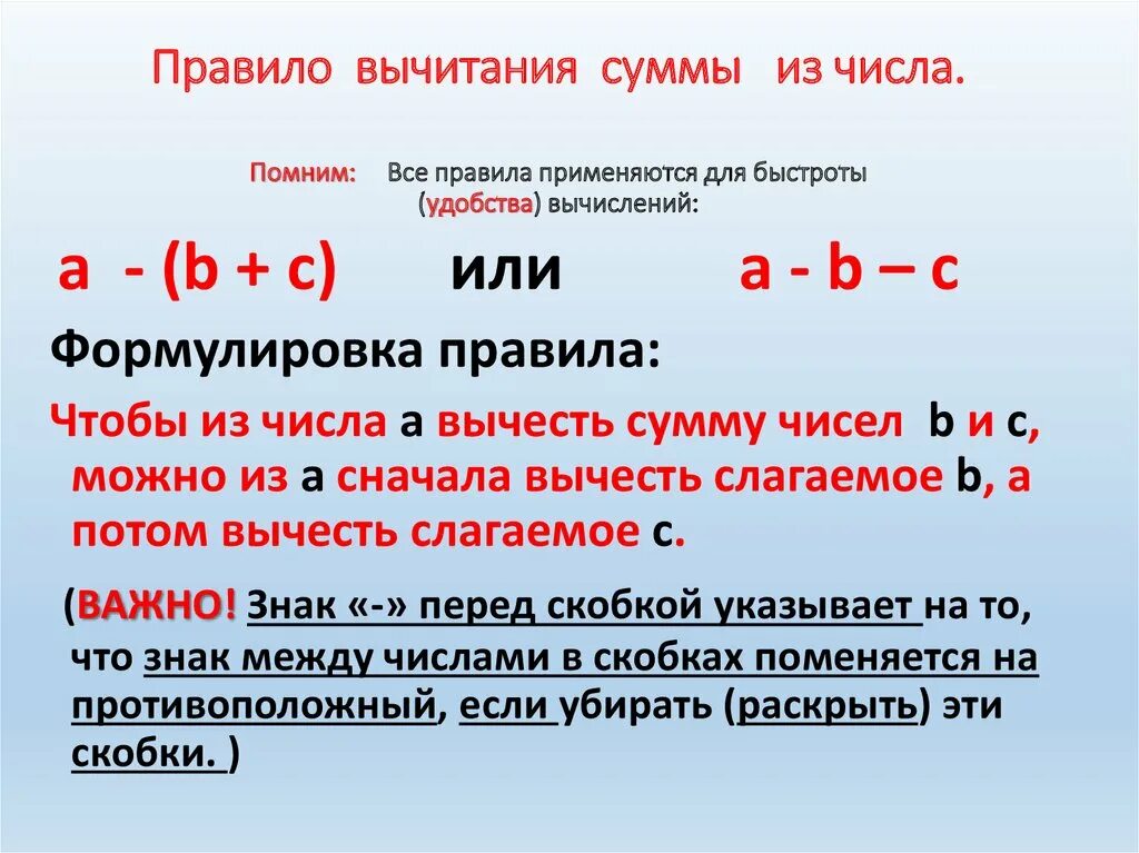 Число исполненное на. Правило вычитания числа из суммы. Правило вычитания разности из числа. Формула вычитания числа из суммы. Правило на вычитание чисел вычитание.