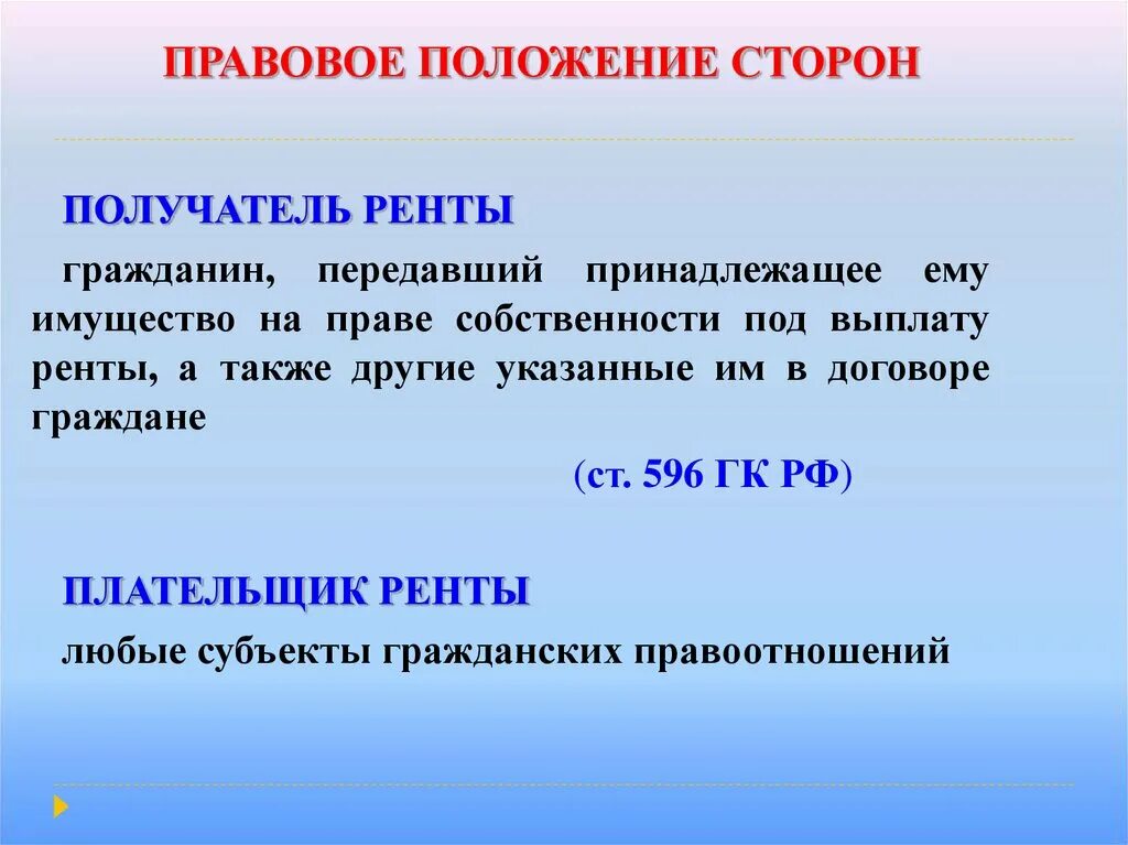 Правовые позиции сторон. Правовой статус сторон. Правовое положение сторон. Получатель ренты. Правовое положение имущества.